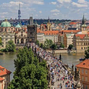 The statues of Charles Bridge over the Vltava river in Prague