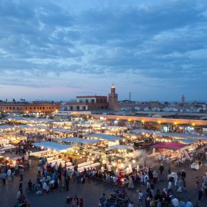 Evening food stalls and crowds in Jemaa el-Fnaa square, Marrakesh