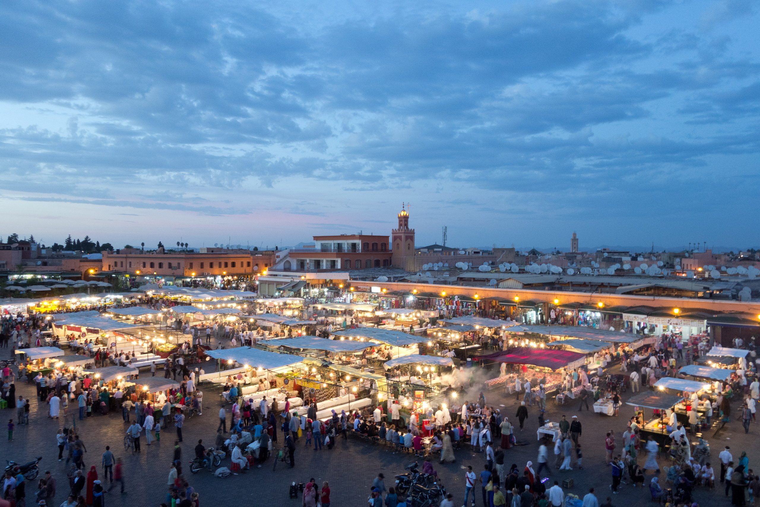 Evening food stalls and crowds in Jemaa el-Fnaa square, Marrakesh