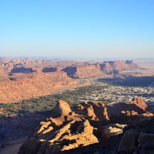 Sandstone rock formations and desert landscape at AlUla, Saudi Arabia