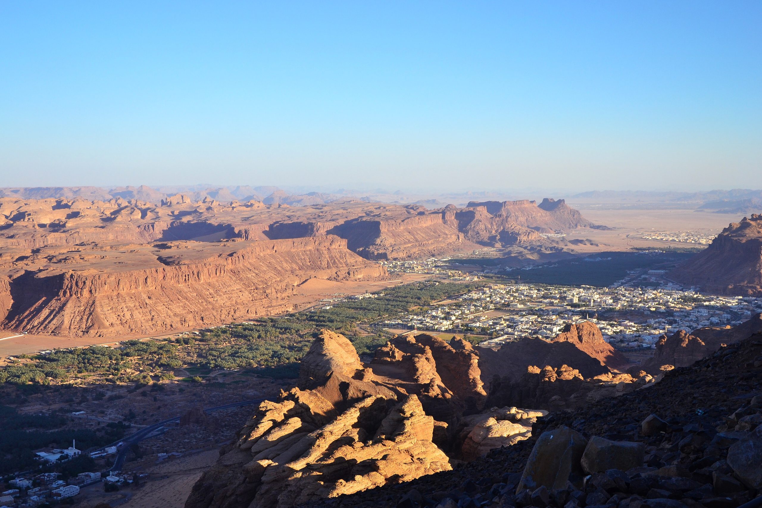 Sandstone rock formations and desert landscape at AlUla, Saudi Arabia
