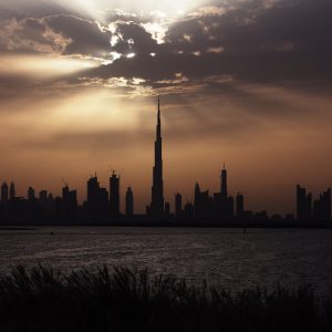 The Burj Khalifa rising above the Dubai skyline at night